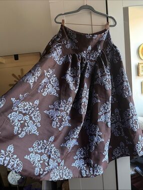 Anthropologie Brown A-Line Skirt with Light Blue Floral Motif